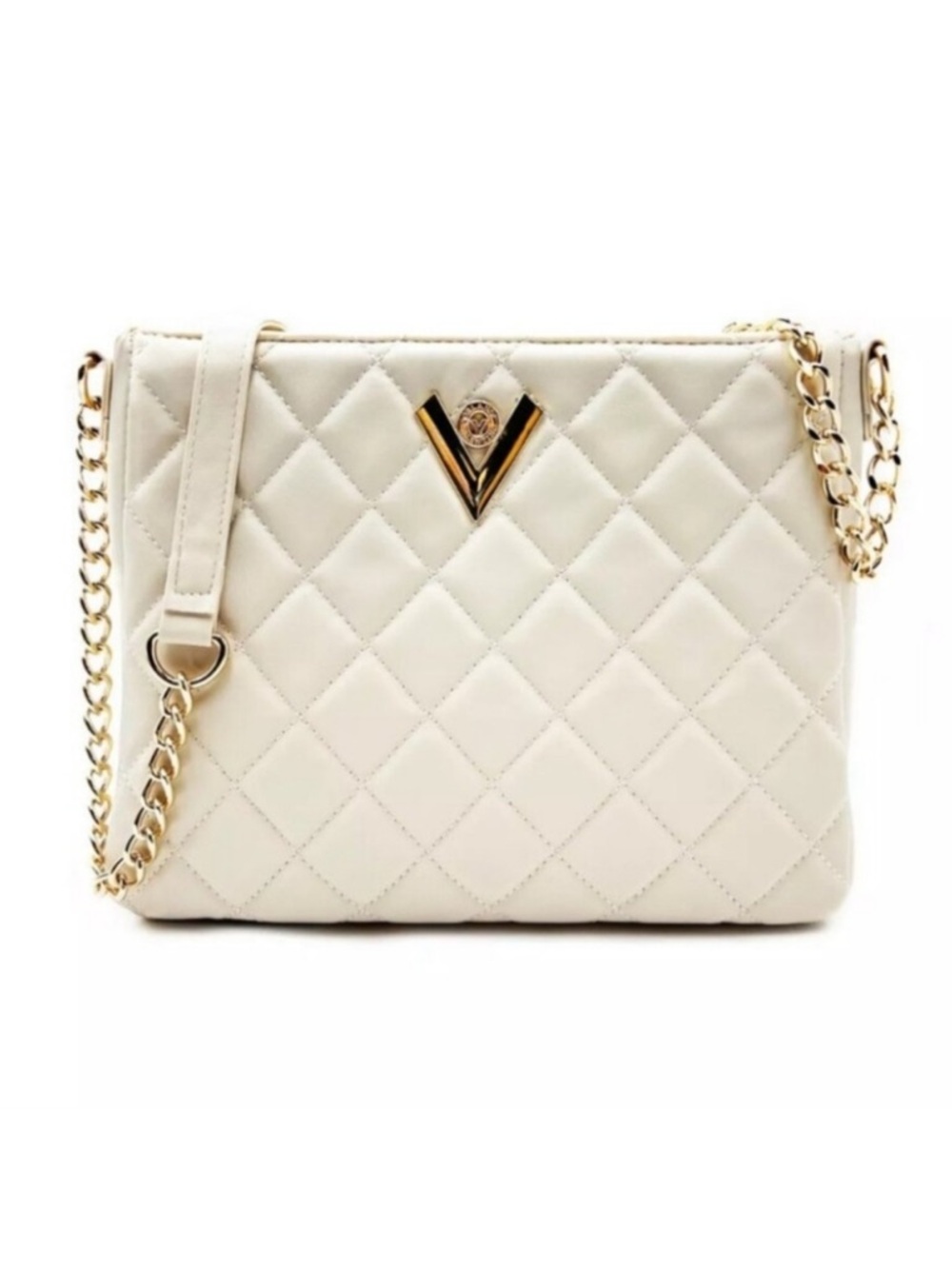 Valentino Orlandi Cream Quilted Crossbody Bag Gold V Logo Vegan Leather NWT